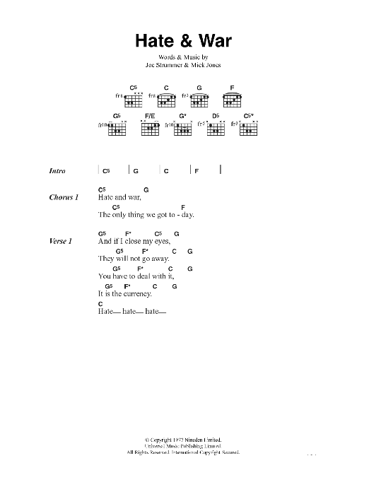 The Clash Hate & War Sheet Music Notes & Chords for Lyrics & Chords - Download or Print PDF