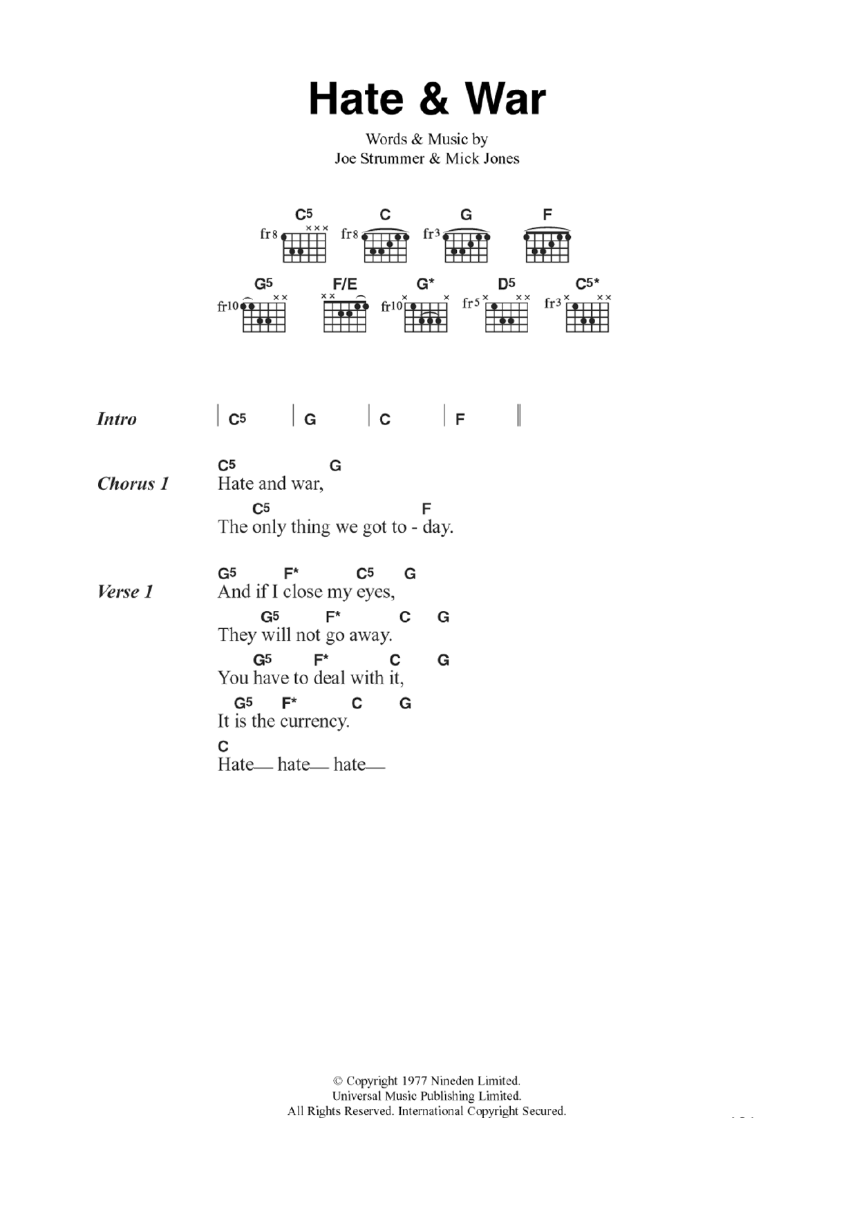 The Clash Hate and War Sheet Music Notes & Chords for Guitar Chords/Lyrics - Download or Print PDF