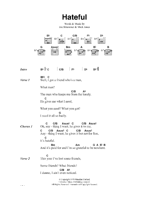 The Clash Hateful Sheet Music Notes & Chords for Lyrics & Chords - Download or Print PDF