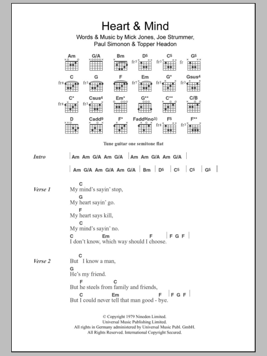 The Clash Heart & Mind Sheet Music Notes & Chords for Lyrics & Chords - Download or Print PDF