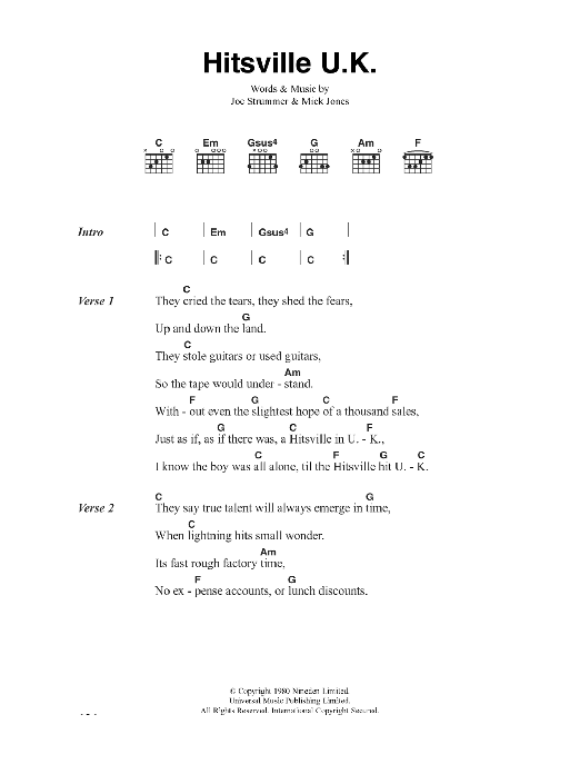 The Clash Hitsville U.K. Sheet Music Notes & Chords for Lyrics & Chords - Download or Print PDF