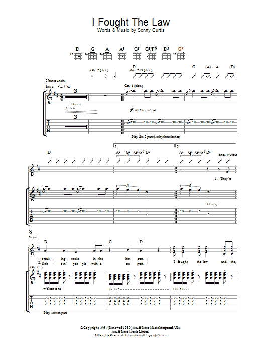 The Clash I Fought The Law Sheet Music Notes & Chords for Lyrics & Chords - Download or Print PDF