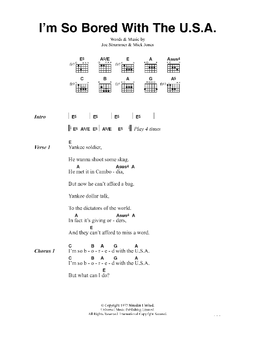 The Clash I'm So Bored With The U.S.A. Sheet Music Notes & Chords for Guitar Chords/Lyrics - Download or Print PDF