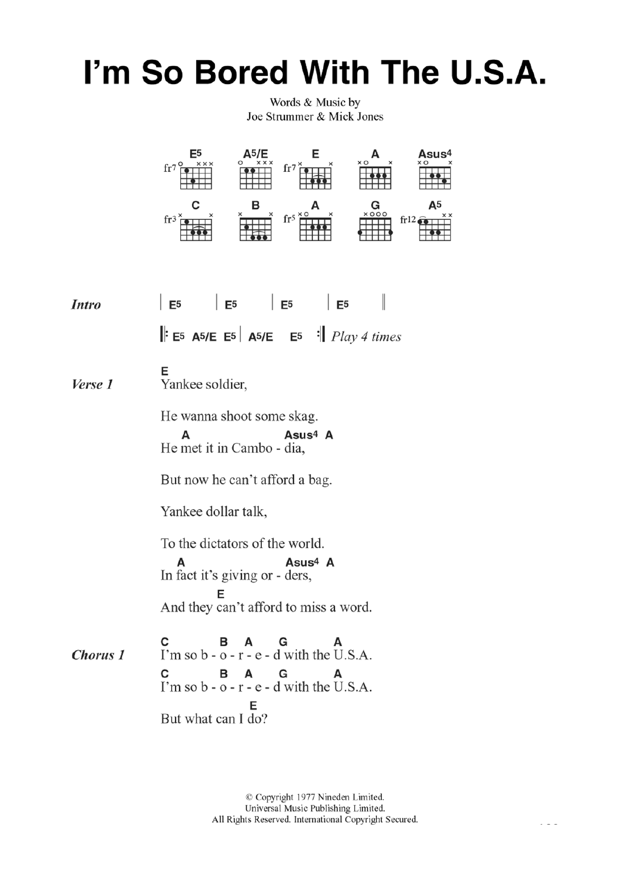 The Clash I'm So Bored With The U.S.A. Sheet Music Notes & Chords for Guitar Chords/Lyrics - Download or Print PDF