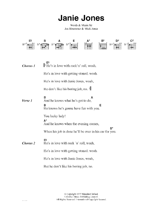 The Clash Janie Jones Sheet Music Notes & Chords for Lyrics & Chords - Download or Print PDF