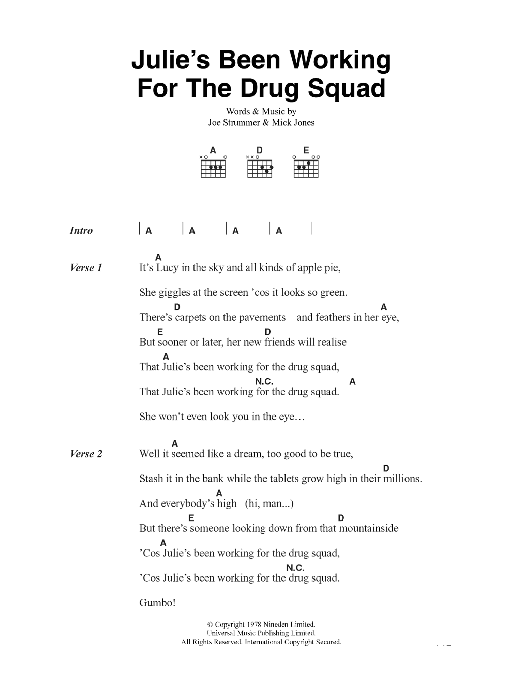 The Clash Julie's Been Working For The Drug Squad Sheet Music Notes & Chords for Lyrics & Chords - Download or Print PDF