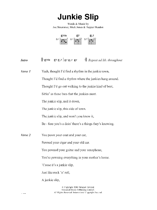 The Clash Junkie Slip Sheet Music Notes & Chords for Lyrics & Chords - Download or Print PDF