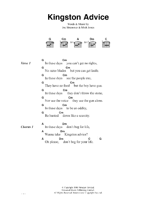 The Clash Kingston Advice Sheet Music Notes & Chords for Lyrics & Chords - Download or Print PDF