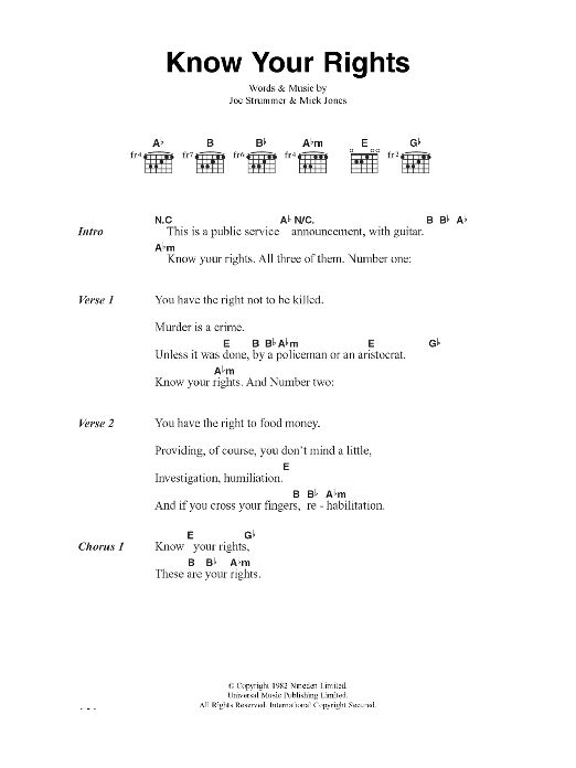 The Clash Know Your Rights Sheet Music Notes & Chords for Piano, Vocal & Guitar (Right-Hand Melody) - Download or Print PDF