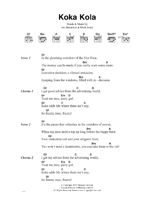 The Clash Koka Kola Sheet Music Notes & Chords for Lyrics & Chords - Download or Print PDF