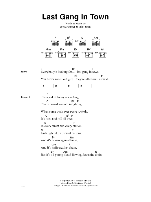 The Clash Last Gang In Town Sheet Music Notes & Chords for Lyrics & Chords - Download or Print PDF