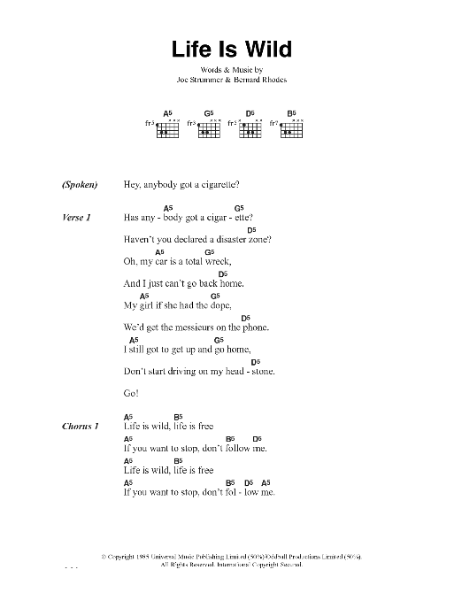 The Clash Life Is Wild Sheet Music Notes & Chords for Lyrics & Chords - Download or Print PDF