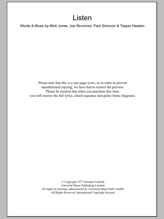 The Clash Listen Sheet Music Notes & Chords for Lyrics & Chords - Download or Print PDF The Clash Listen Sheet Music Notes & Chords for Lyrics & Chords - Download or Print PDF