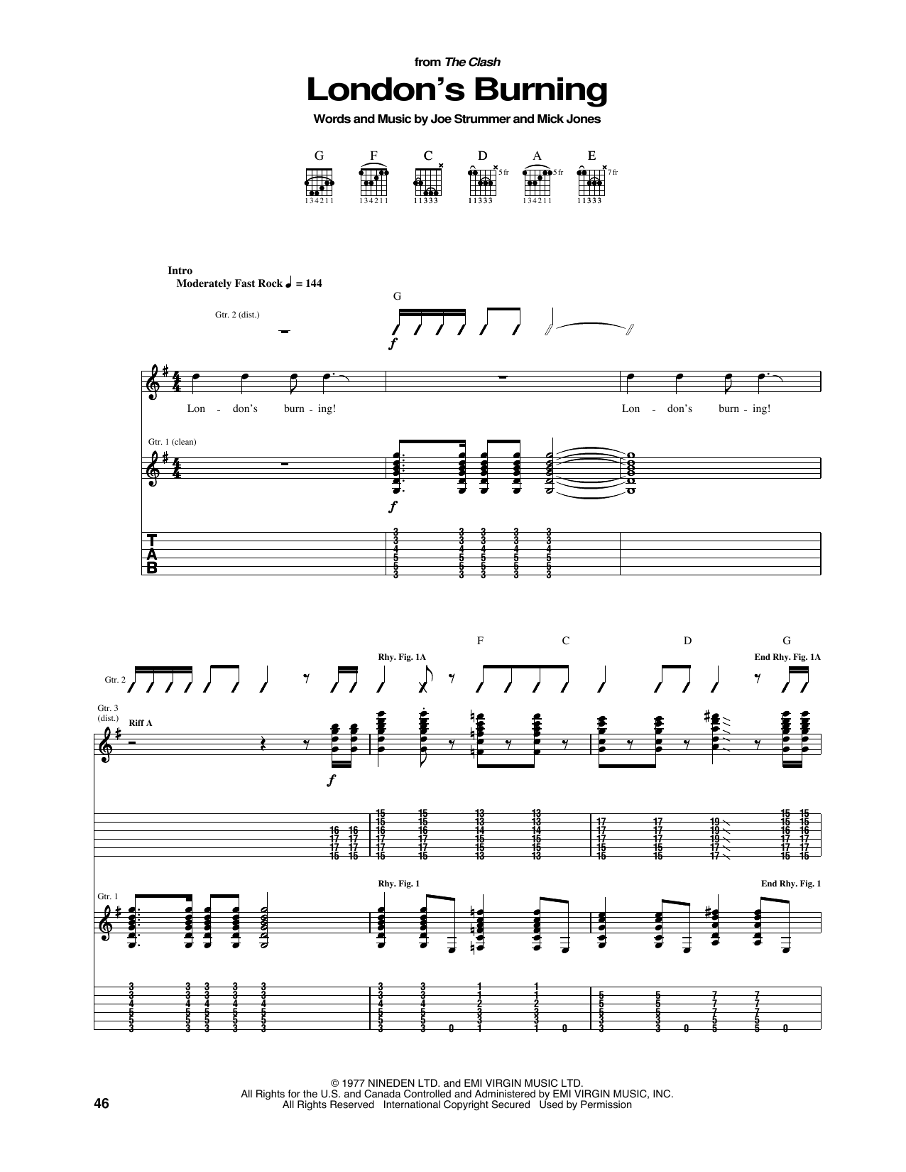 The Clash London's Burning Sheet Music Notes & Chords for Guitar Tab - Download or Print PDF