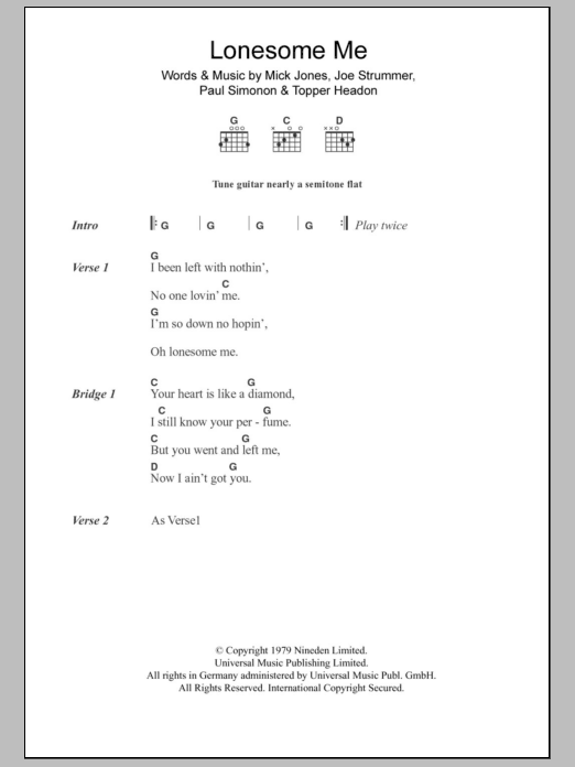 The Clash Lonesome Me Sheet Music Notes & Chords for Lyrics & Chords - Download or Print PDF