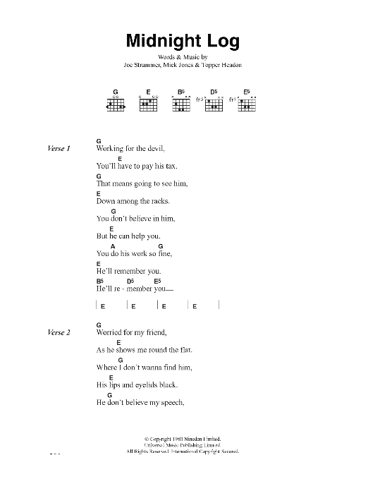 The Clash Midnight Log Sheet Music Notes & Chords for Lyrics & Chords - Download or Print PDF