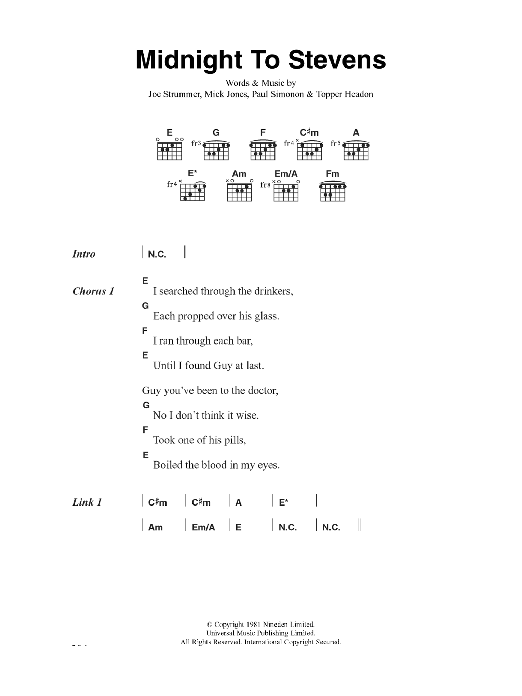 The Clash Midnight To Stevens Sheet Music Notes & Chords for Lyrics & Chords - Download or Print PDF