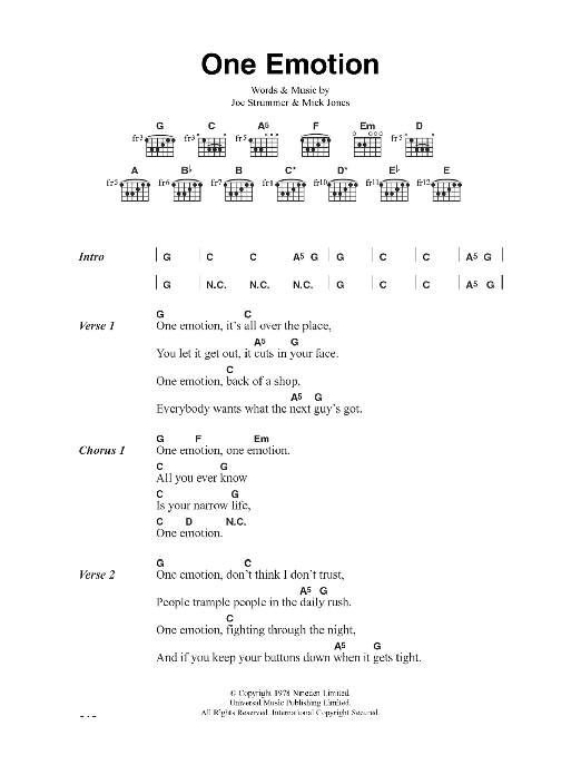 The Clash One Emotion Sheet Music Notes & Chords for Lyrics & Chords - Download or Print PDF