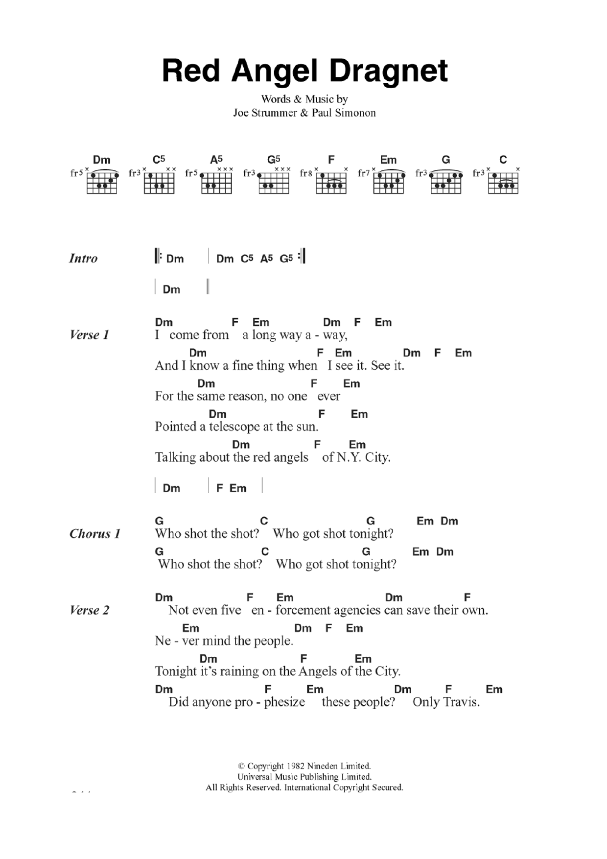 The Clash Red Angel Dragnet Sheet Music Notes & Chords for Lyrics & Chords - Download or Print PDF