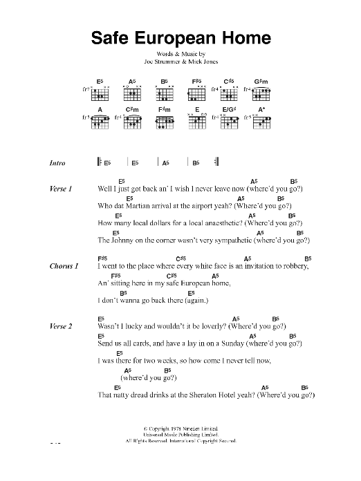 The Clash Safe European Home Sheet Music Notes & Chords for Guitar Tab - Download or Print PDF