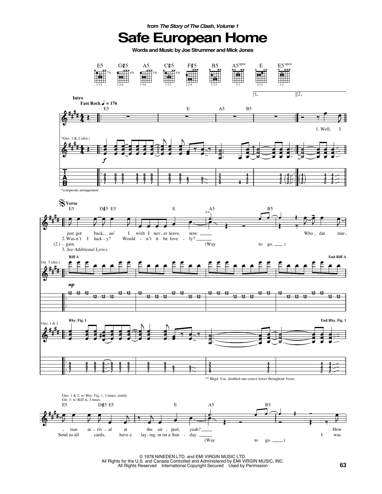 The Clash Safe European Home Sheet Music Notes & Chords for Guitar Tab - Download or Print PDF