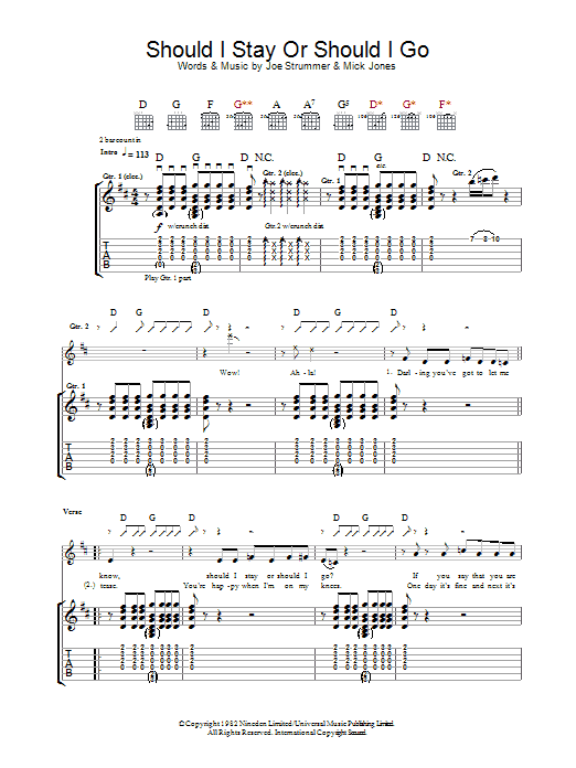 The Clash Should I Stay Or Should I Go Sheet Music Notes & Chords for Guitar Tab - Download or Print PDF