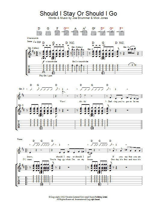 The Clash Should I Stay Or Should I Go Sheet Music Notes & Chords for Guitar Lead Sheet - Download or Print PDF