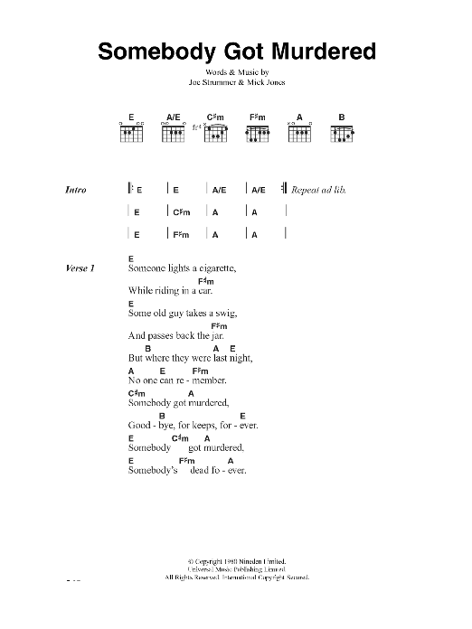 The Clash Somebody Got Murdered Sheet Music Notes & Chords for Lyrics & Chords - Download or Print PDF