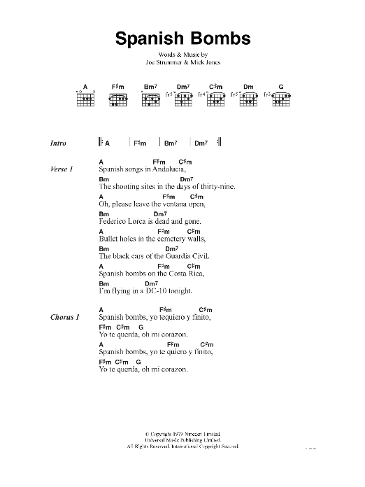 The Clash Spanish Bombs Sheet Music Notes & Chords for Lyrics & Chords - Download or Print PDF