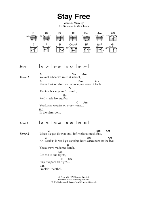 The Clash Stay Free Sheet Music Notes & Chords for Lyrics & Chords - Download or Print PDF The Clash Stay Free Sheet Music Notes & Chords for Lyrics & Chords - Download or Print PDF