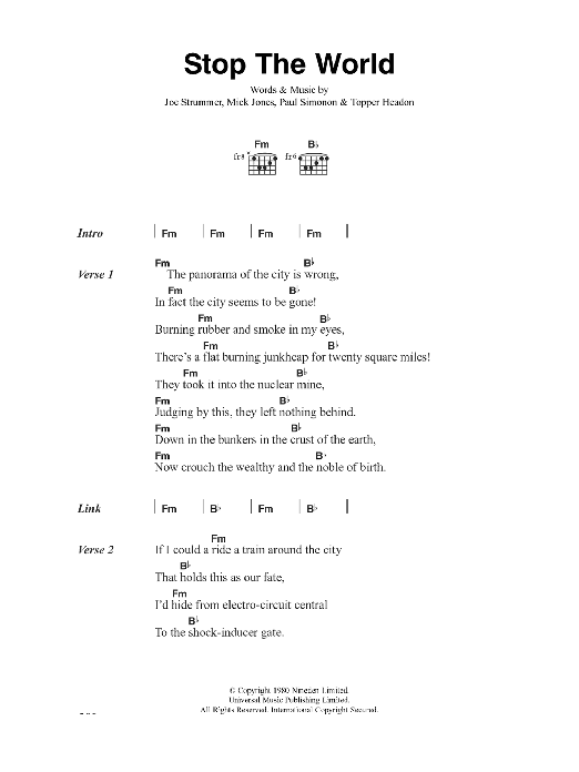 The Clash Stop The World Sheet Music Notes & Chords for Lyrics & Chords - Download or Print PDF