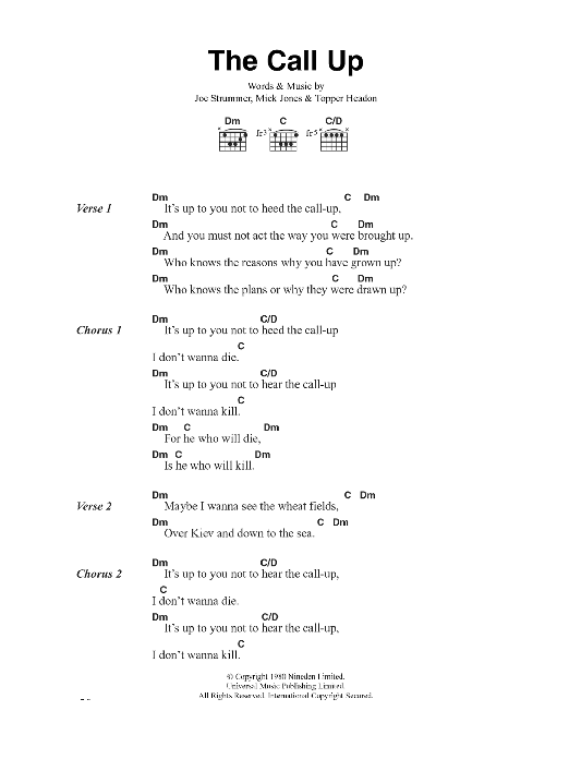 The Clash The Call Up Sheet Music Notes & Chords for Lyrics & Chords - Download or Print PDF