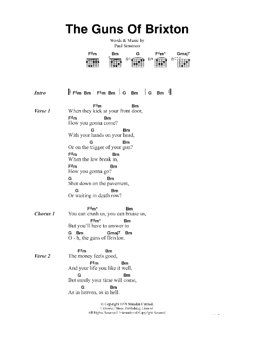 The Clash The Guns Of Brixton Sheet Music Notes & Chords for Lyrics & Chords - Download or Print PDF