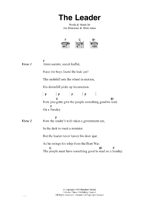 The Clash The Leader Sheet Music Notes & Chords for Lyrics & Chords - Download or Print PDF