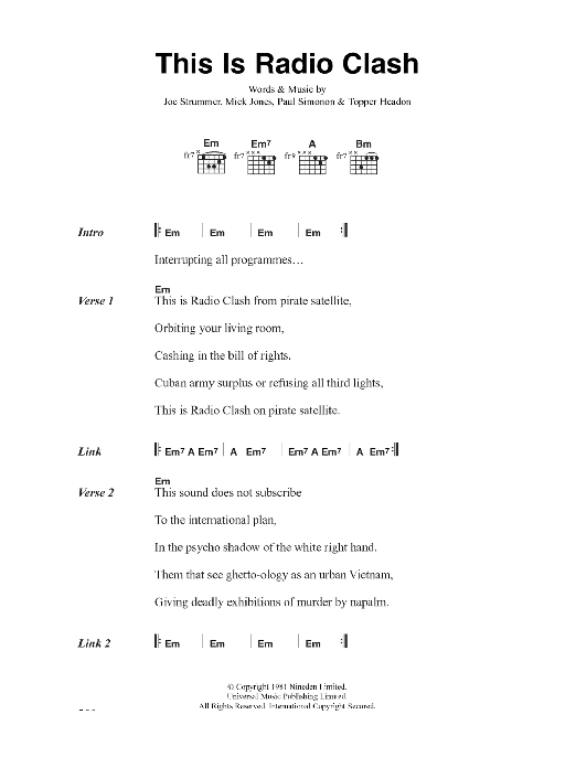 The Clash This Is Radio Clash Sheet Music Notes & Chords for Lyrics & Chords - Download or Print PDF