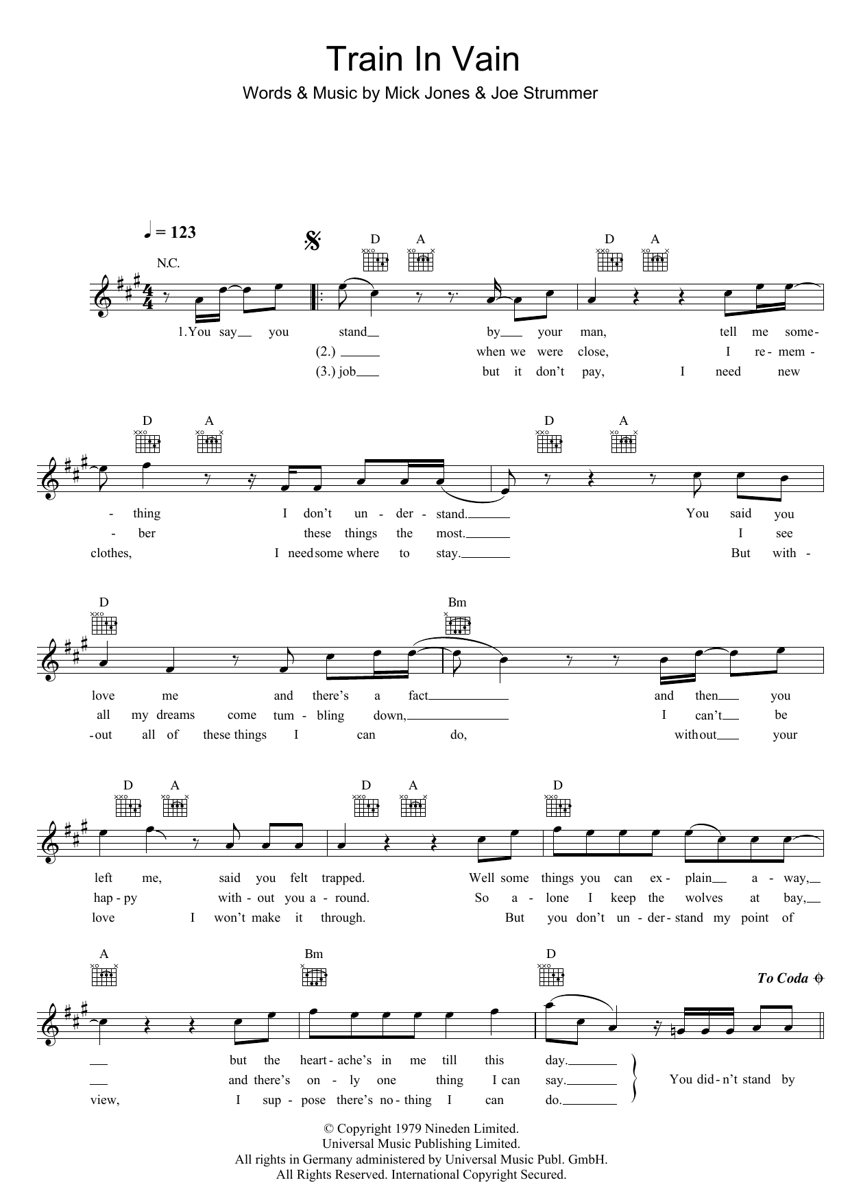 The Clash Train In Vain Sheet Music Notes & Chords for Piano, Vocal & Guitar (Right-Hand Melody) - Download or Print PDF