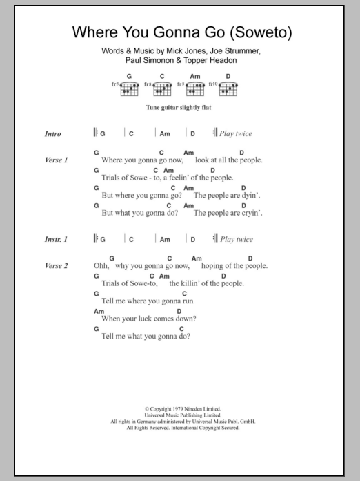 The Clash Where You Gonna Go (Soweto) Sheet Music Notes & Chords for Lyrics & Chords - Download or Print PDF