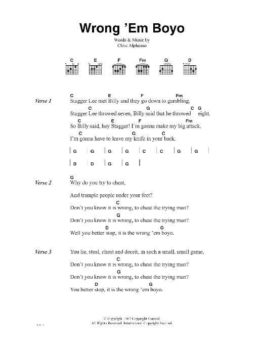 The Clash Wrong 'Em Boyo Sheet Music Notes & Chords for Lyrics & Chords - Download or Print PDF