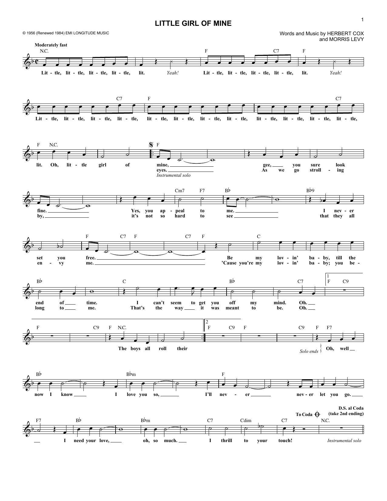 The Cleftones Little Girl Of Mine Sheet Music Notes & Chords for Melody Line, Lyrics & Chords - Download or Print PDF