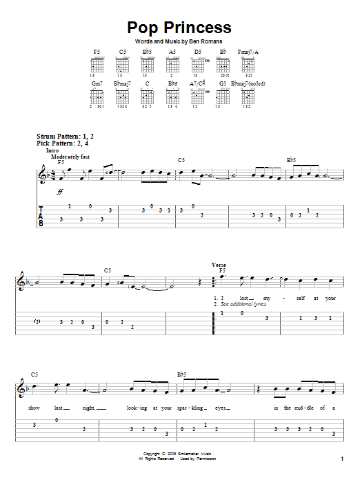 The Click Five Pop Princess Sheet Music Notes & Chords for Easy Guitar Tab - Download or Print PDF