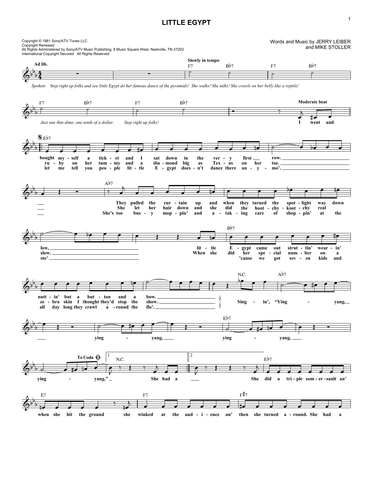 The Coasters Little Egypt Sheet Music Notes & Chords for Melody Line, Lyrics & Chords - Download or Print PDF
