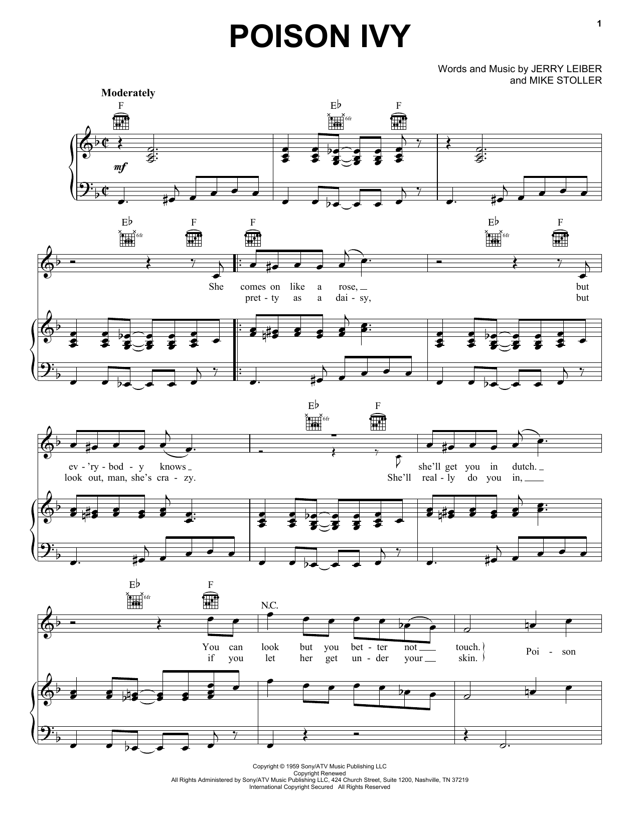 The Coasters Poison Ivy Sheet Music Notes & Chords for Piano, Vocal & Guitar (Right-Hand Melody) - Download or Print PDF