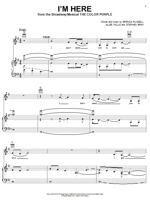 The Color Purple (Musical) I'm Here Sheet Music Notes & Chords for Piano, Vocal & Guitar (Right-Hand Melody) - Download or Print PDF The Color Purple (Musical) I'm Here Sheet Music Notes & Chords for Piano, Vocal & Guitar (Right-Hand Melody) - Download or Print PDF