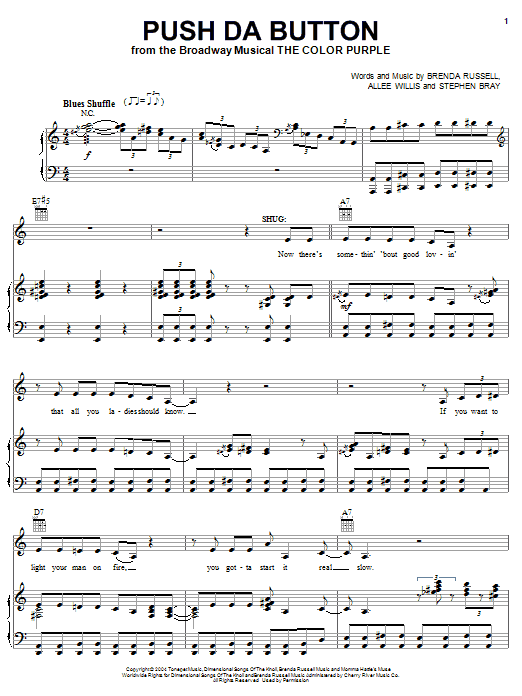 The Color Purple (Musical) Push Da Button Sheet Music Notes & Chords for Piano, Vocal & Guitar (Right-Hand Melody) - Download or Print PDF The Color Purple (Musical) Push Da Button Sheet Music Notes & Chords for Piano, Vocal & Guitar (Right-Hand Melody) - Download or Print PDF