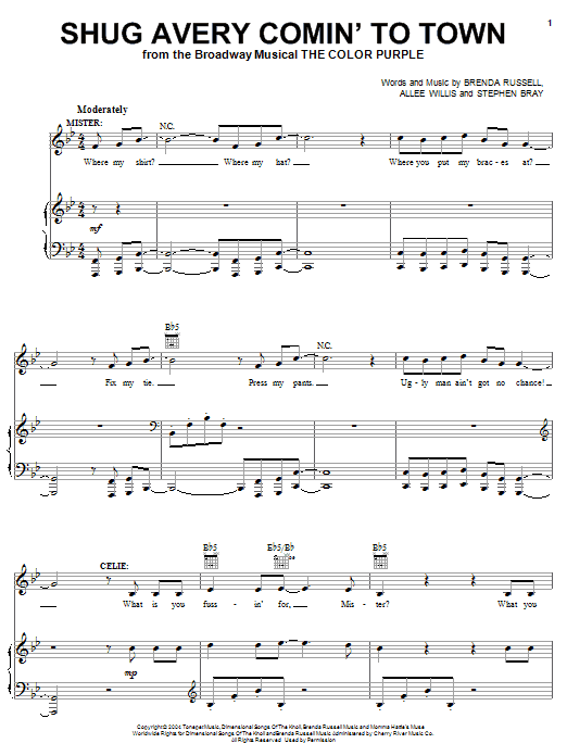 The Color Purple (Musical) Shug Avery Comin' To Town Sheet Music Notes & Chords for Easy Piano - Download or Print PDF The Color Purple (Musical) Shug Avery Comin' To Town Sheet Music Notes & Chords for Easy Piano - Download or Print PDF