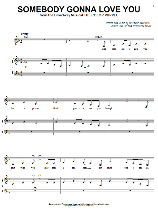 The Color Purple (Musical) Somebody Gonna Love You Sheet Music Notes & Chords for Easy Piano - Download or Print PDF The Color Purple (Musical) Somebody Gonna Love You Sheet Music Notes & Chords for Easy Piano - Download or Print PDF