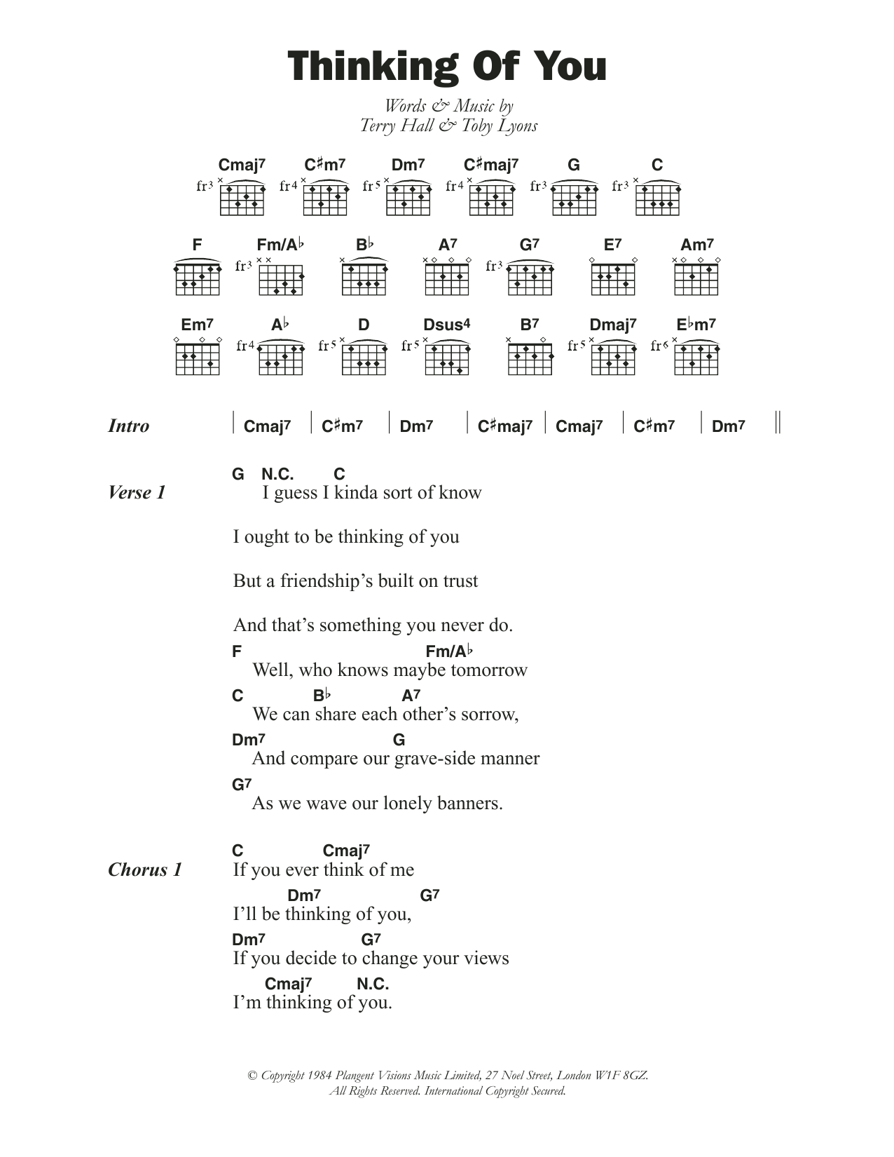 The Colourfield Thinking Of You Sheet Music Notes & Chords for Lyrics & Chords - Download or Print PDF