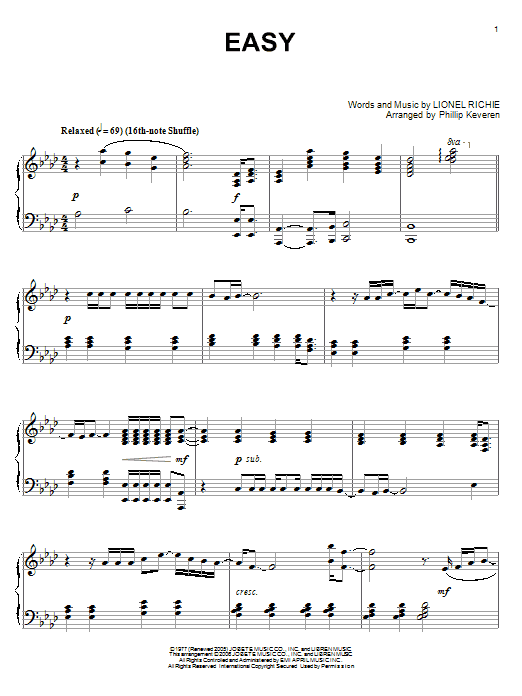 The Commodores Easy Sheet Music Notes & Chords for Piano - Download or Print PDF