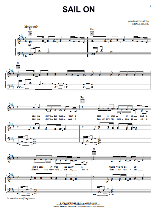The Commodores Sail On Sheet Music Notes & Chords for Piano, Vocal & Guitar (Right-Hand Melody) - Download or Print PDF