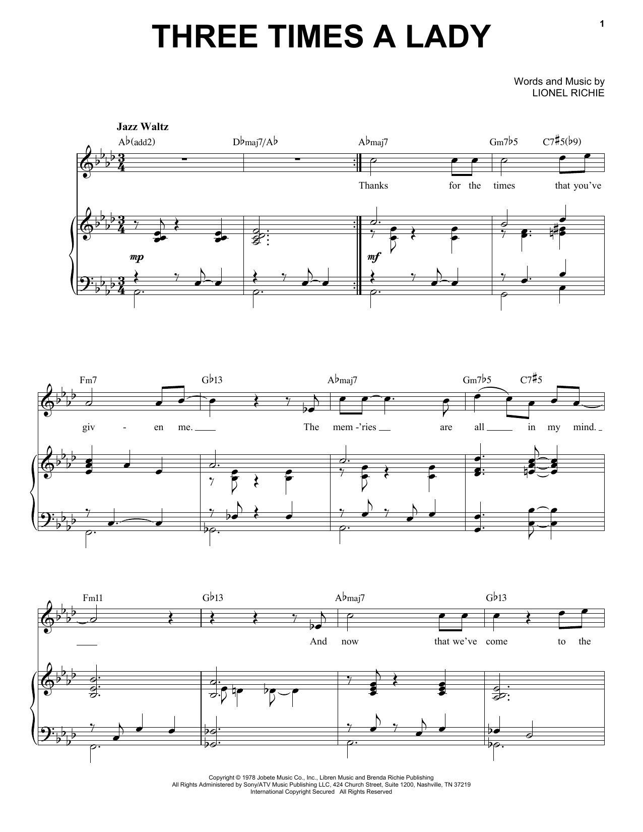 The Commodores Three Times A Lady [Jazz version] (arr. Brent Edstrom) Sheet Music Notes & Chords for Piano & Vocal - Download or Print PDF